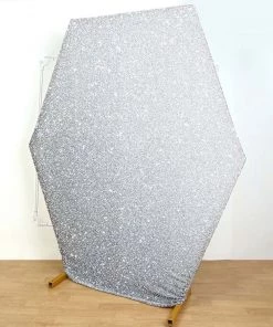 HIER_3110 8ft Silver 2-Sided Shimmer Fitted Hexagon Wedding Backdrop Cover Metallic Glittered Spandex Hexagon Backdrop Backdrop Panels