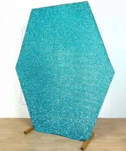 HIER_3110 8ft Turquoise 2-Sided Shimmer Fitted Hexagon Wedding Backdrop Cover Metallic Glittered Spandex Hexagon Backdrop Backdrop Panels
