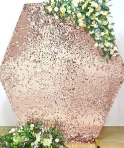 HIER_3110 8ftx7ft Blush/Rose Gold Big Payette Sparkle Sequin Hexagon Wedding Arch Cover, Shiny Shimmer Backdrop Stand Cover - 2-Sided Custom Fit Backdrop Panels