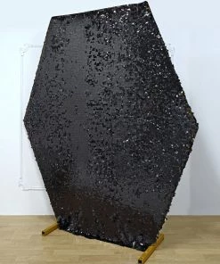 HIER_3110 8ftx7ft Black Big Payette Sparkle Sequin Hexagon Wedding Arch Cover, Shiny Shimmer Backdrop Stand Cover - 2-Sided Custom Fit