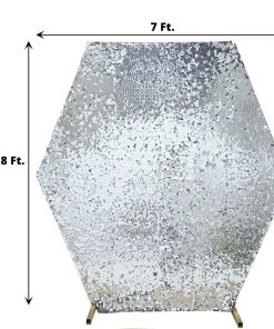 HIER_3110 Backdrop Panels 8ftx7ft Silver Big Payette Sparkle Sequin Hexagon Wedding Arch Cover, Shiny Shimmer Backdrop Stand Cover - 2-Sided Custom Fit