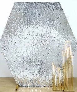 HIER_3110 Backdrop Panels 8ftx7ft Silver Big Payette Sparkle Sequin Hexagon Wedding Arch Cover, Shiny Shimmer Backdrop Stand Cover - 2-Sided Custom Fit