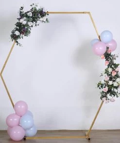 HIER_3630 Backdrop Stands & Ceiling Kits 8ft Heavy Duty Gold Metal Hexagonal Wedding Arch Photo Backdrop Stand