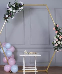 HIER_3630 Backdrop Stands & Ceiling Kits 8ft Heavy Duty Gold Metal Hexagonal Wedding Arch Photo Backdrop Stand