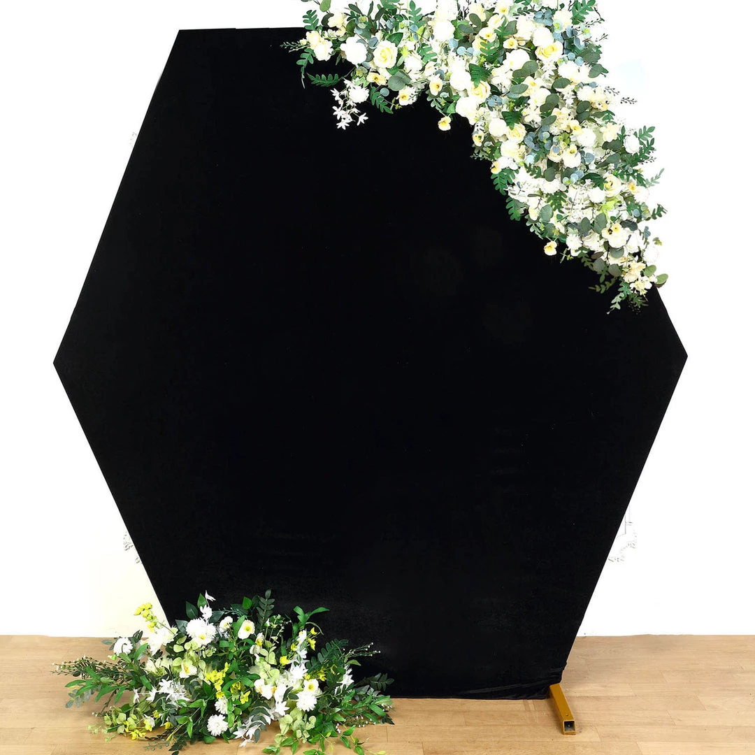 HIER_3110 8ftx7ft Black Soft Velvet Hexagon Backdrop Stand Cover, Fitted Wedding Arch Cover - 2-Sided 1 HIER_3110 8ftx7ft Black Soft Velvet Hexagon Backdrop Stand Cover, Fitted Wedding Arch Cover - 2-Sided