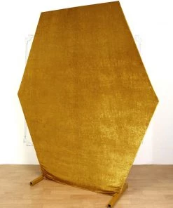 HIER_3110 8ftx7ft Metallic Gold Soft Velvet Hexagon Backdrop Stand Cover, Fitted Wedding Arch Cover - 2-Sided Big Event Backdrops & Décor