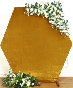 HIER_3110 8ftx7ft Metallic Gold Soft Velvet Hexagon Backdrop Stand Cover, Fitted Wedding Arch Cover - 2-Sided Big Event Backdrops & Décor