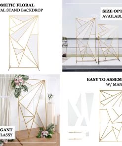HIER_3630 6ft Tall Gold Metal Geometric Wedding Backdrop Rectangle Floor Stand, Flower Stand Doorway Wall Prop With Cloudy Film Insert