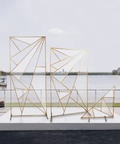 HIER_3630 7ft Tall Gold Metal Geometric Wedding Backdrop Rectangle Floor Stand, Flower Stand Doorway Wall Prop With Cloudy Film Insert