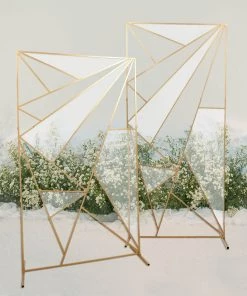 HIER_3630 6ft Tall Gold Metal Geometric Wedding Backdrop Rectangle Floor Stand, Flower Stand Doorway Wall Prop With Cloudy Film Insert