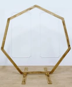 HIER_3630 7ft Wooden Wedding Arch, Heptagonal Rustic Photography Backdrop Stand Chargers & Centerpieces