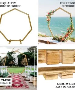 HIER_3630 7ft Wooden Wedding Arch, Heptagonal Rustic Photography Backdrop Stand Chargers & Centerpieces