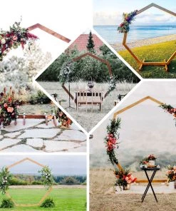 HIER_3630 7ft Wooden Wedding Arch, Heptagonal Rustic Photography Backdrop Stand Chargers & Centerpieces