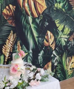 HIER_3110 8ftx8ft Green/Gold Tropical Jungle Safari Leaf Print Vinyl Backdrop Big Event Backdrops & Décor