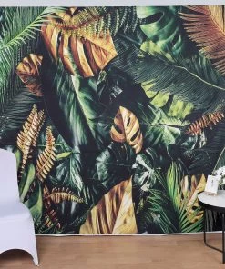 HIER_3110 8ftx8ft Green/Gold Tropical Jungle Safari Leaf Print Vinyl Backdrop Big Event Backdrops & Décor