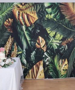 HIER_3110 8ftx8ft Green/Gold Tropical Jungle Safari Leaf Print Vinyl Backdrop Big Event Backdrops & Décor