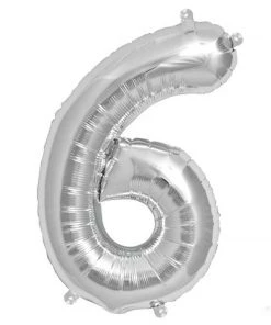 HIER_3212 16" Shiny Metallic Silver Mylar Foil 0-9 Number Balloons - 6