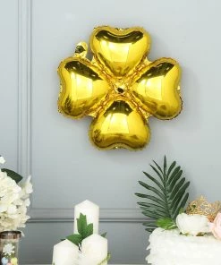 HIER_3213 Big Event Backdrops & Décor 10 Pack | 15" Shiny Gold Four Leaf Clover Shaped Mylar Foil Balloons