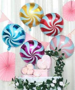 HIER_3213 5 Pack | 13" Candy Striped Swirl Print Mylar Foil Helium/Air Balloons