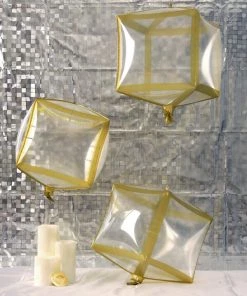 HIER_3213 3 Pack | 13" 4D Clear/Gold Cube Shaped Mylar Foil Helium/Air Balloons Party Balloons & Accessories