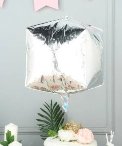 HIER_3213 Big Event Backdrops & Décor 14" 4D Silver Cube Shaped Mylar Foil Helium/Air Balloons