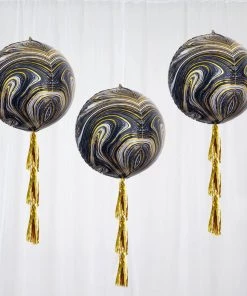 HIER_3213 3 Pack | 13" 4D Black/Gold Marble Sphere Foil Helium Or Air Balloons Party Balloons & Accessories