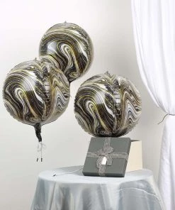 HIER_3213 3 Pack | 13" 4D Black/Gold Marble Sphere Foil Helium Or Air Balloons Party Balloons & Accessories