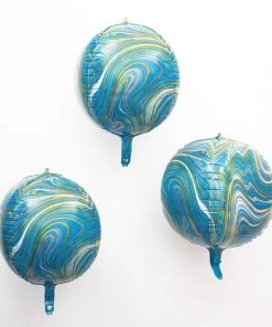 HIER_3213 3 Pack | 13" 4D Blue/Gold Marble Sphere Foil Helium Or Air Balloons Party Balloons & Accessories