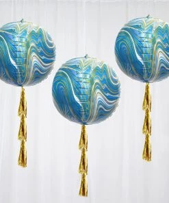 HIER_3213 3 Pack | 13" 4D Blue/Gold Marble Sphere Foil Helium Or Air Balloons Party Balloons & Accessories