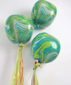 HIER_3213 Party Balloons & Accessories 3 Pack | 13" 4D Green/Gold Marble Sphere Foil Helium Or Air Balloons