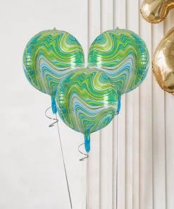 HIER_3213 Party Balloons & Accessories 3 Pack | 13" 4D Green/Gold Marble Sphere Foil Helium Or Air Balloons