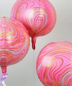 HIER_3213 3 Pack | 13" 4D Pink/Gold Marble Sphere Foil Helium Or Air Balloons