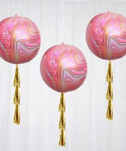 HIER_3213 3 Pack | 13" 4D Pink/Gold Marble Sphere Foil Helium Or Air Balloons