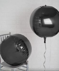 HIER_3213 2 Pack | 18" 4D Shiny Black Sphere Mylar Foil Helium Or Air Balloons Big Event Backdrops & Décor
