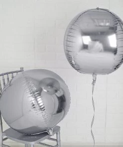 HIER_3213 2 Pack | 18" 4D Shiny Silver Sphere Mylar Foil Helium Or Air Balloons Big Event Backdrops & Décor