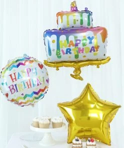 HIER_3230 Party Balloons & Accessories Set Of 5 | Colorful Happy Birthday Cake Mylar Foil Balloon Set, Round And Gold Star Balloon Bouquet With Ribbon, Birthday Party Decorations