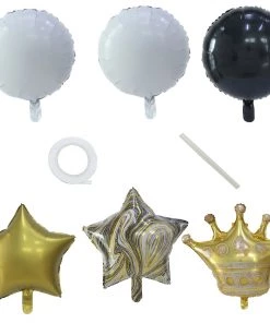 HIER_3230 Set Of 6 | Gold/Black Marble Mylar Foil Party Balloon Set, Star, Round And Crown Balloon Bouquet With Ribbon, Party Decorations