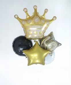 HIER_3230 Set Of 6 | Gold/Black Marble Mylar Foil Party Balloon Set, Star, Round And Crown Balloon Bouquet With Ribbon, Party Decorations