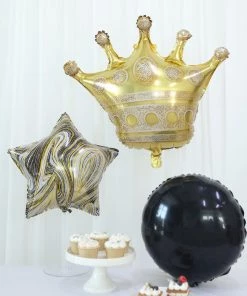 HIER_3230 Set Of 6 | Gold/Black Marble Mylar Foil Party Balloon Set, Star, Round And Crown Balloon Bouquet With Ribbon, Party Decorations