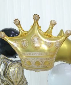HIER_3230 Set Of 6 | Gold/Black Marble Mylar Foil Party Balloon Set, Star, Round And Crown Balloon Bouquet With Ribbon, Party Decorations