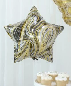 HIER_3230 Set Of 6 | Gold/Black Marble Mylar Foil Party Balloon Set, Star, Round And Crown Balloon Bouquet With Ribbon, Party Decorations