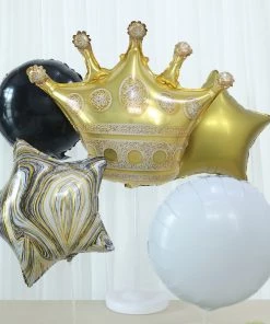 HIER_3230 Set Of 6 | Gold/Black Marble Mylar Foil Party Balloon Set, Star, Round And Crown Balloon Bouquet With Ribbon, Party Decorations
