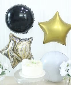 HIER_3230 Set Of 6 | Gold/Black Marble Mylar Foil Party Balloon Set, Star, Round And Crown Balloon Bouquet With Ribbon, Party Decorations