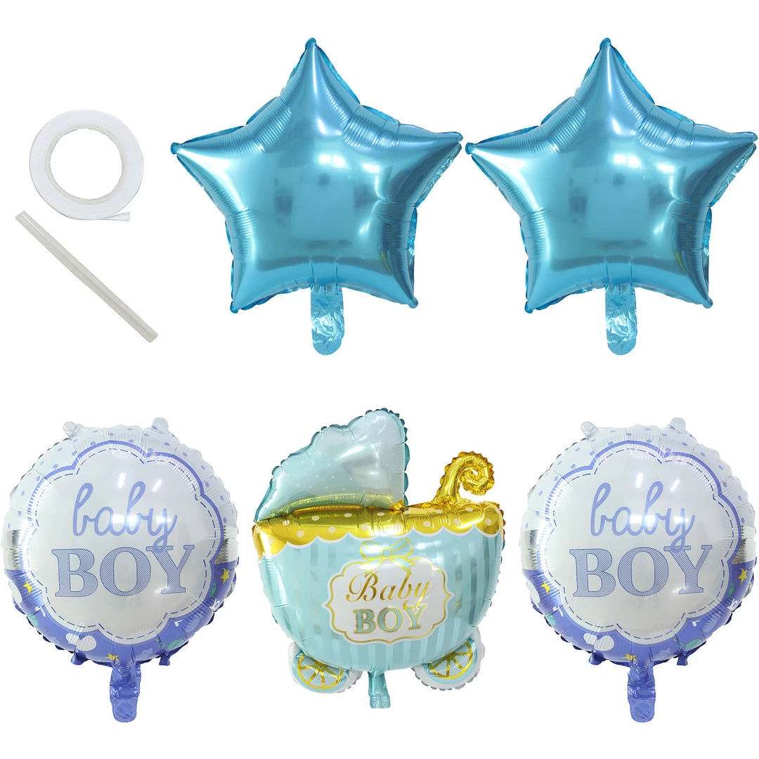 HIER_3230 Party Balloons & Accessories Set Of 5 | Blue/White Boy Baby Shower Mylar Foil Balloon Set, Star, Round And Baby Carriage Balloon Bouquet With Ribbon, Gender Reveal Party Decorations 3 HIER_3230 Party Balloons & Accessories Set Of 5 | Blue/White Boy Baby Shower Mylar Foil Balloon Set, Star, Round And Baby Carriage Balloon Bouquet With Ribbon, Gender Reveal Party Decorations