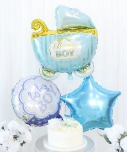 HIER_3230 Party Balloons & Accessories Set Of 5 | Blue/White Boy Baby Shower Mylar Foil Balloon Set, Star, Round And Baby Carriage Balloon Bouquet With Ribbon, Gender Reveal Party Decorations