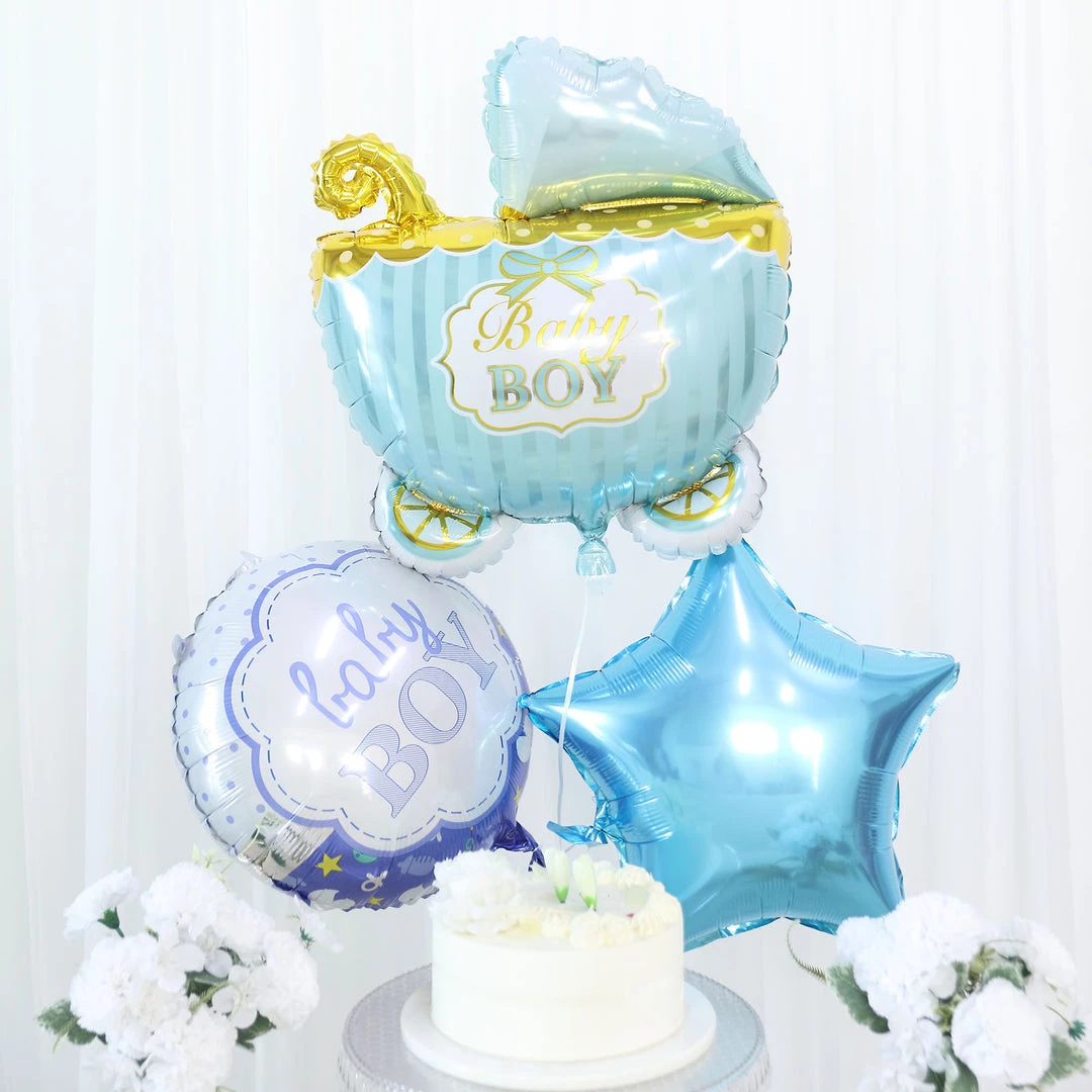 HIER_3230 Party Balloons & Accessories Set Of 5 | Blue/White Boy Baby Shower Mylar Foil Balloon Set, Star, Round And Baby Carriage Balloon Bouquet With Ribbon, Gender Reveal Party Decorations 2 HIER_3230 Party Balloons & Accessories Set Of 5 | Blue/White Boy Baby Shower Mylar Foil Balloon Set, Star, Round And Baby Carriage Balloon Bouquet With Ribbon, Gender Reveal Party Decorations