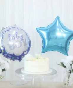 HIER_3230 Party Balloons & Accessories Set Of 5 | Blue/White Boy Baby Shower Mylar Foil Balloon Set, Star, Round And Baby Carriage Balloon Bouquet With Ribbon, Gender Reveal Party Decorations 14 HIER_3230 Party Balloons & Accessories Set Of 5 | Blue/White Boy Baby Shower Mylar Foil Balloon Set, Star, Round And Baby Carriage Balloon Bouquet With Ribbon, Gender Reveal Party Decorations