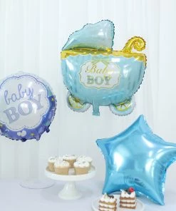 HIER_3230 Party Balloons & Accessories Set Of 5 | Blue/White Boy Baby Shower Mylar Foil Balloon Set, Star, Round And Baby Carriage Balloon Bouquet With Ribbon, Gender Reveal Party Decorations