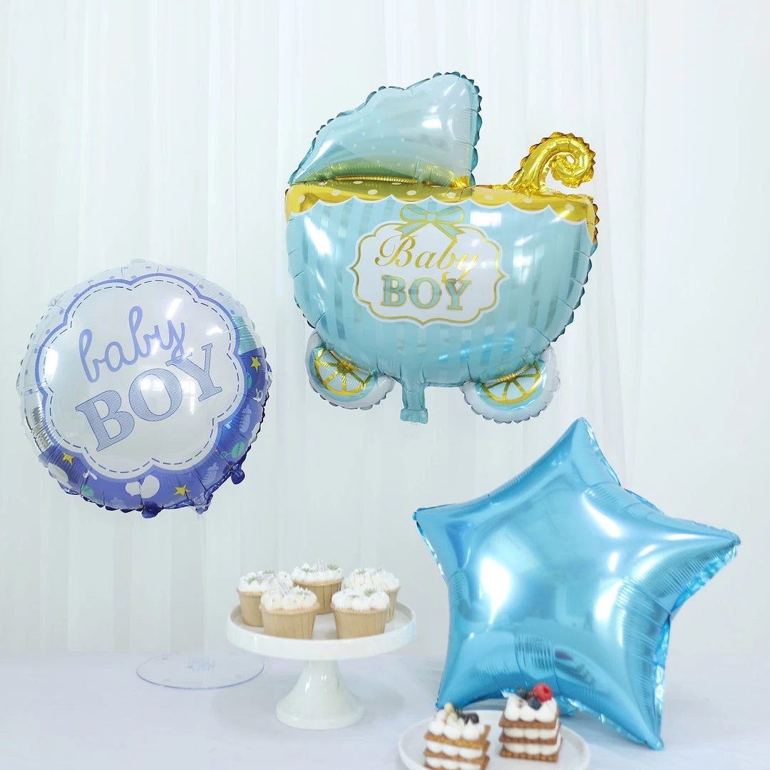 HIER_3230 Party Balloons & Accessories Set Of 5 | Blue/White Boy Baby Shower Mylar Foil Balloon Set, Star, Round And Baby Carriage Balloon Bouquet With Ribbon, Gender Reveal Party Decorations 1 HIER_3230 Party Balloons & Accessories Set Of 5 | Blue/White Boy Baby Shower Mylar Foil Balloon Set, Star, Round And Baby Carriage Balloon Bouquet With Ribbon, Gender Reveal Party Decorations