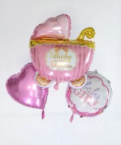 HIER_3230 Set Of 5 | Pink/White Girl Baby Shower Mylar Foil Balloon Set, Heart, Round And Baby Carriage Balloon Bouquet With Ribbon, Gender Reveal Party Decorations Big Event Backdrops & Décor